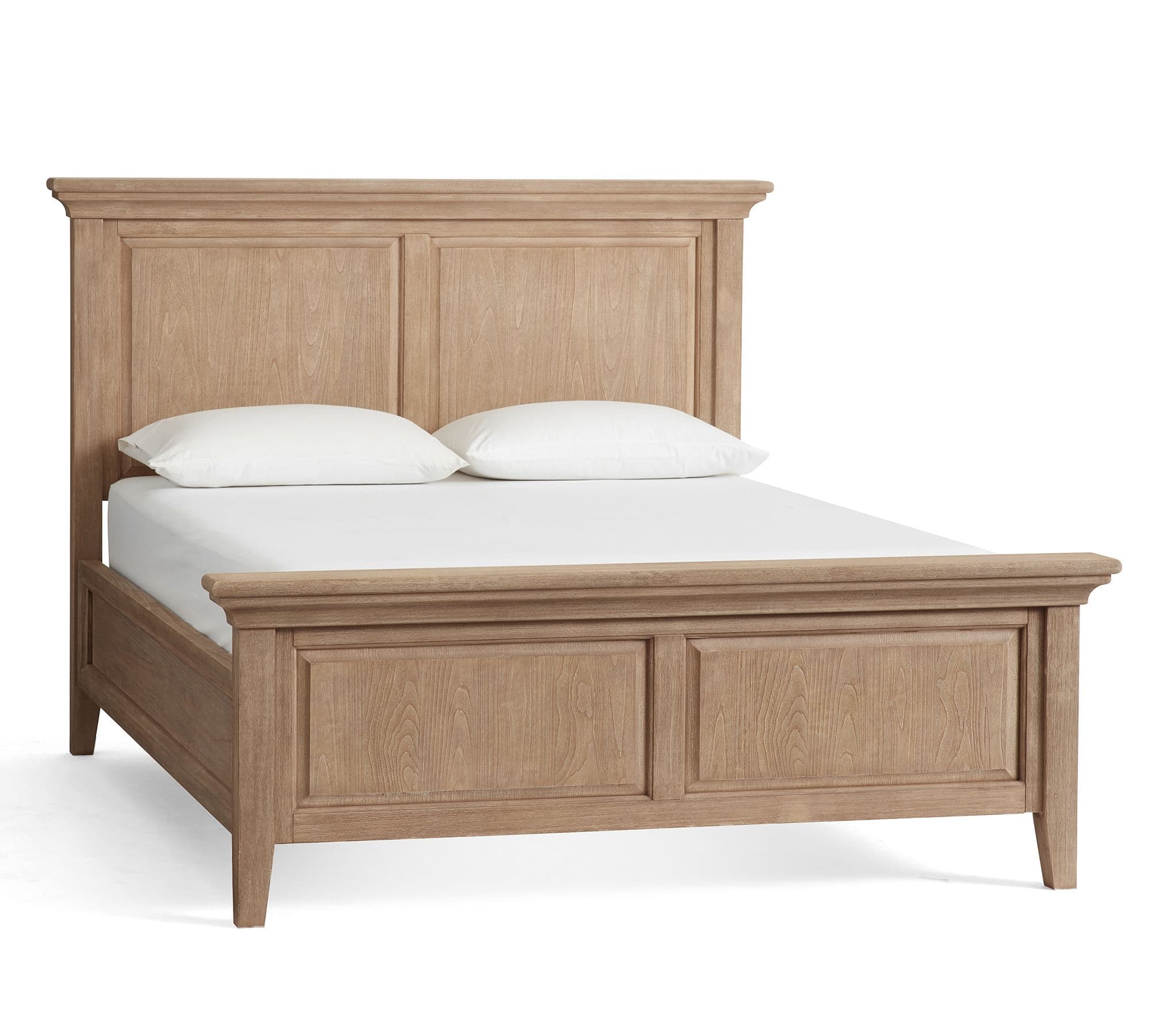 A wooden bed frame with a headboard and footboard. The headboard features two raised rectangular panels with a curved top edge. The footboard also has two raised rectangular panels. The frame is supported by four legs, and the top edges of the headboard, footboard, and side rails have a decorative molding. — 3D model