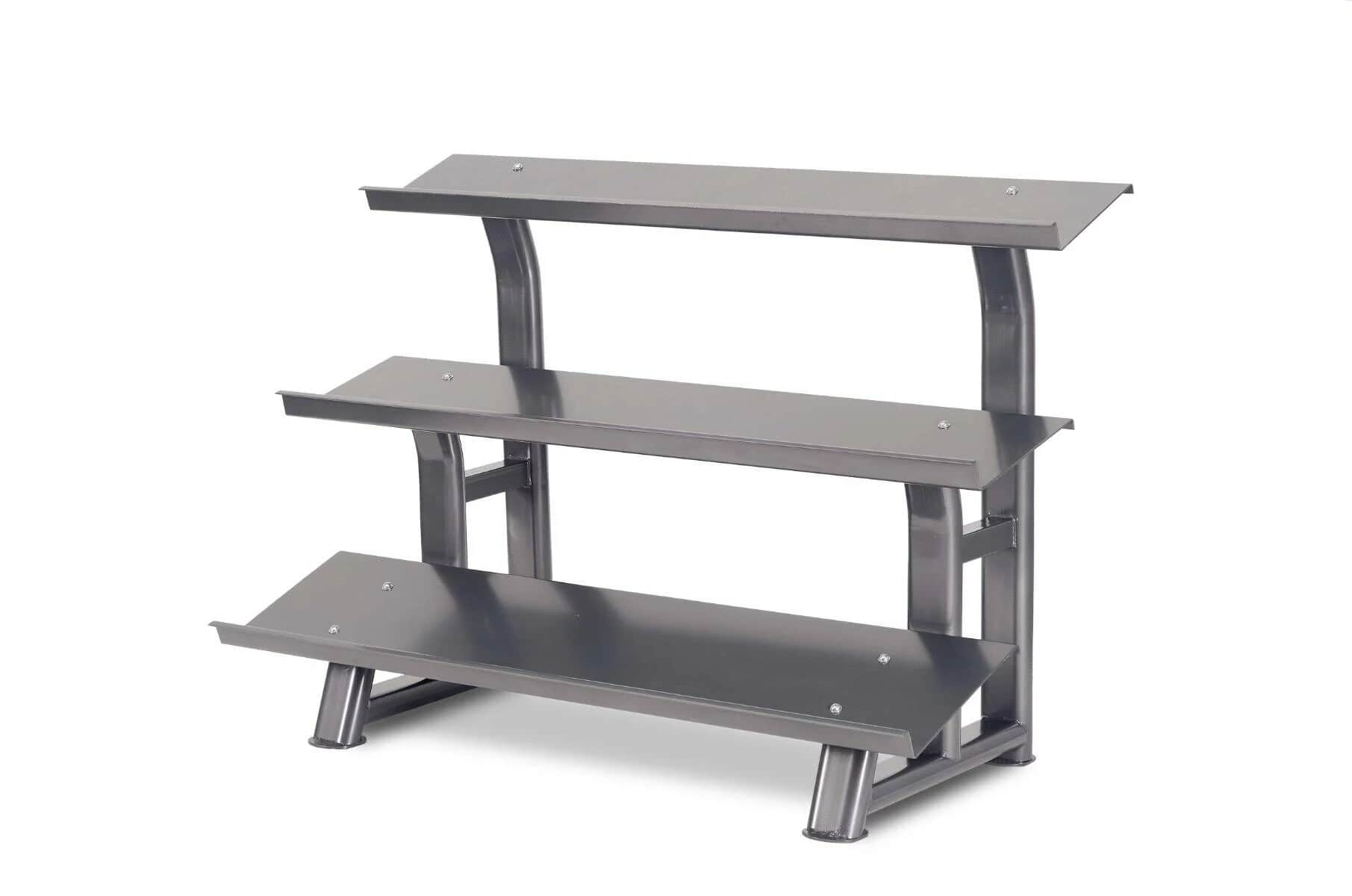 A robust, three-tiered steel rack designed for storing dumbbells in a gym or home fitness environmen… — 3D model