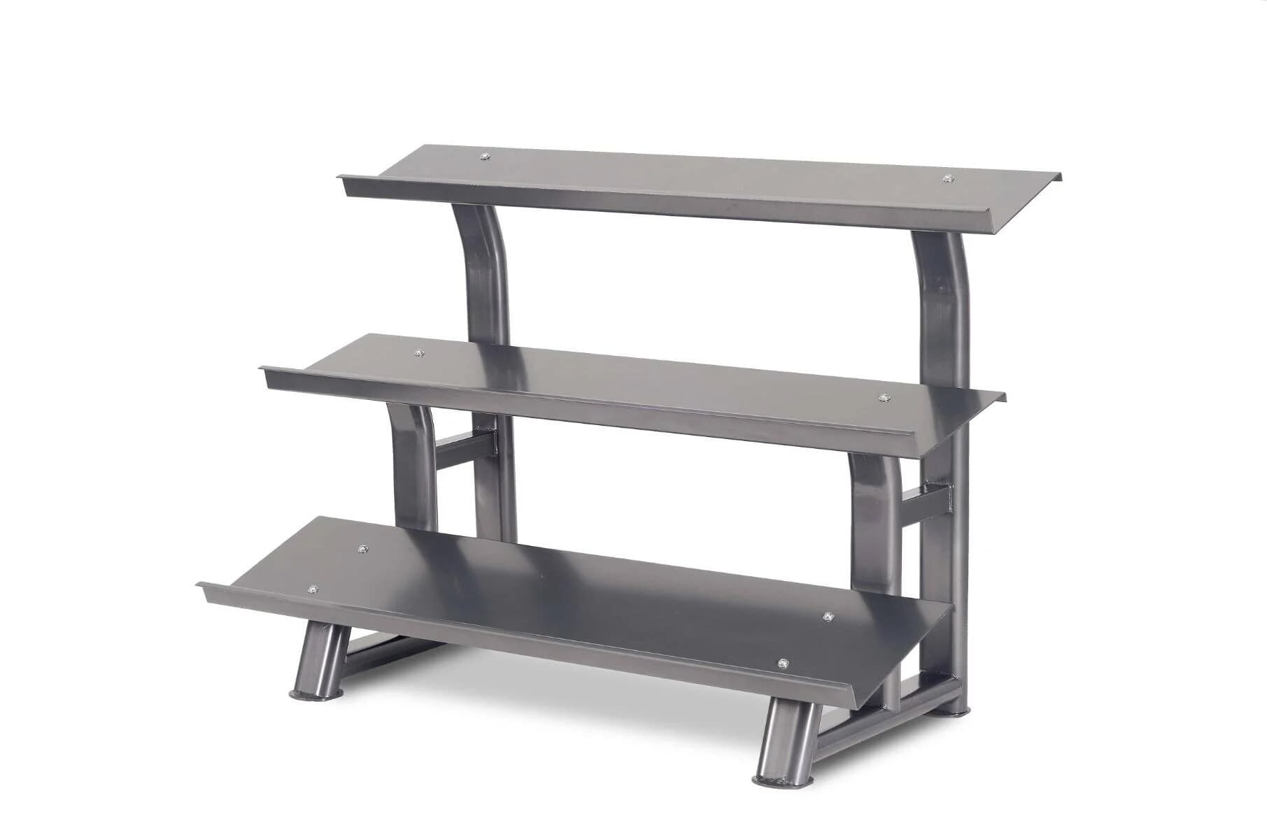 A robust, three-tiered steel rack designed for storing dumbbells in a gym or home fitness environment. It features angled shelves with retaining lips and a sturdy, industrial-style construction with grey finish. — 3D model