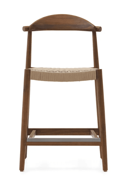 A modern bar stool featuring a solid wood frame in a warm brown finish, with a distinctive curved backrest and a square-shaped seat meticulously woven from natural paper cord. The design incorporates a minimalist aesthetic with slightly splayed, tapered legs and an integrated footrest for stability and comfort. — 3D model