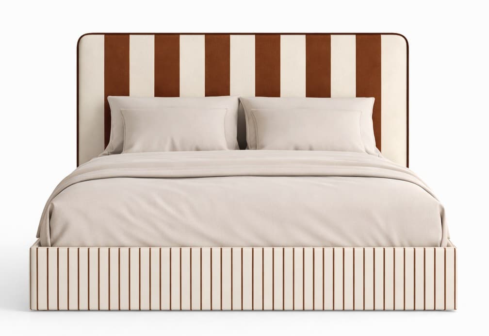 An upholstered platform bed featuring a prominent headboard and bed frame adorned with a bold striped pattern. The headboard has rounded upper corners and displays wide vertical stripes in alternating cream/off-white and brown/terracotta hues. The platform bed frame continues this striped motif with narrower, more numerous vertical stripes in the same color palette. The bed is presented with simple, unadorned light beige bedding, including two pillows and a duvet, contrasting with the patterned upholstery. — 3D model