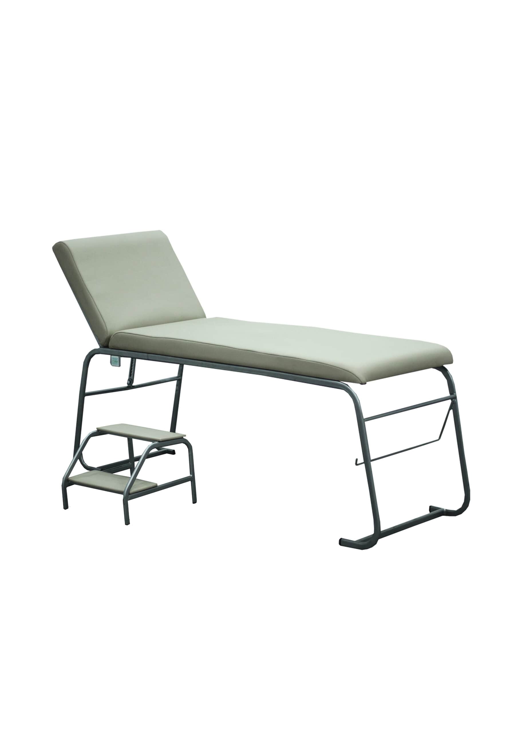 A professional medical examination table with an adjustable backrest and accompanying two-step stool… — 3D model