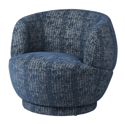 An upholstered barrel-shaped accent chair featuring a distinctive blue and off-white herringbone patterned fabric. The chair has a continuous, rounded back that flows into integrated armrests and sits on a low-profile, recessed base, suggesting a swivel function. — 3D model