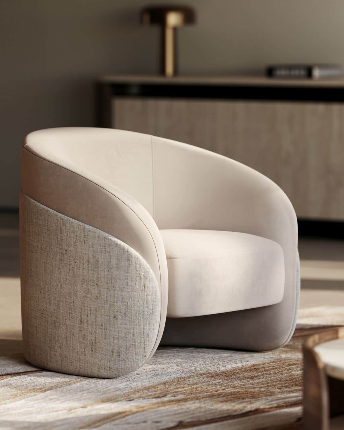 A modern barrel-style chair featuring two-tone upholstery. The inner seat, back, and armrests are up… — 3D model
