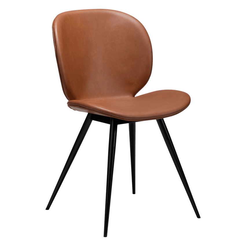 A contemporary dining chair with a molded seat and backrest upholstered in brown leather. It is supported by four slender, black metal legs that taper downwards. — 3D model