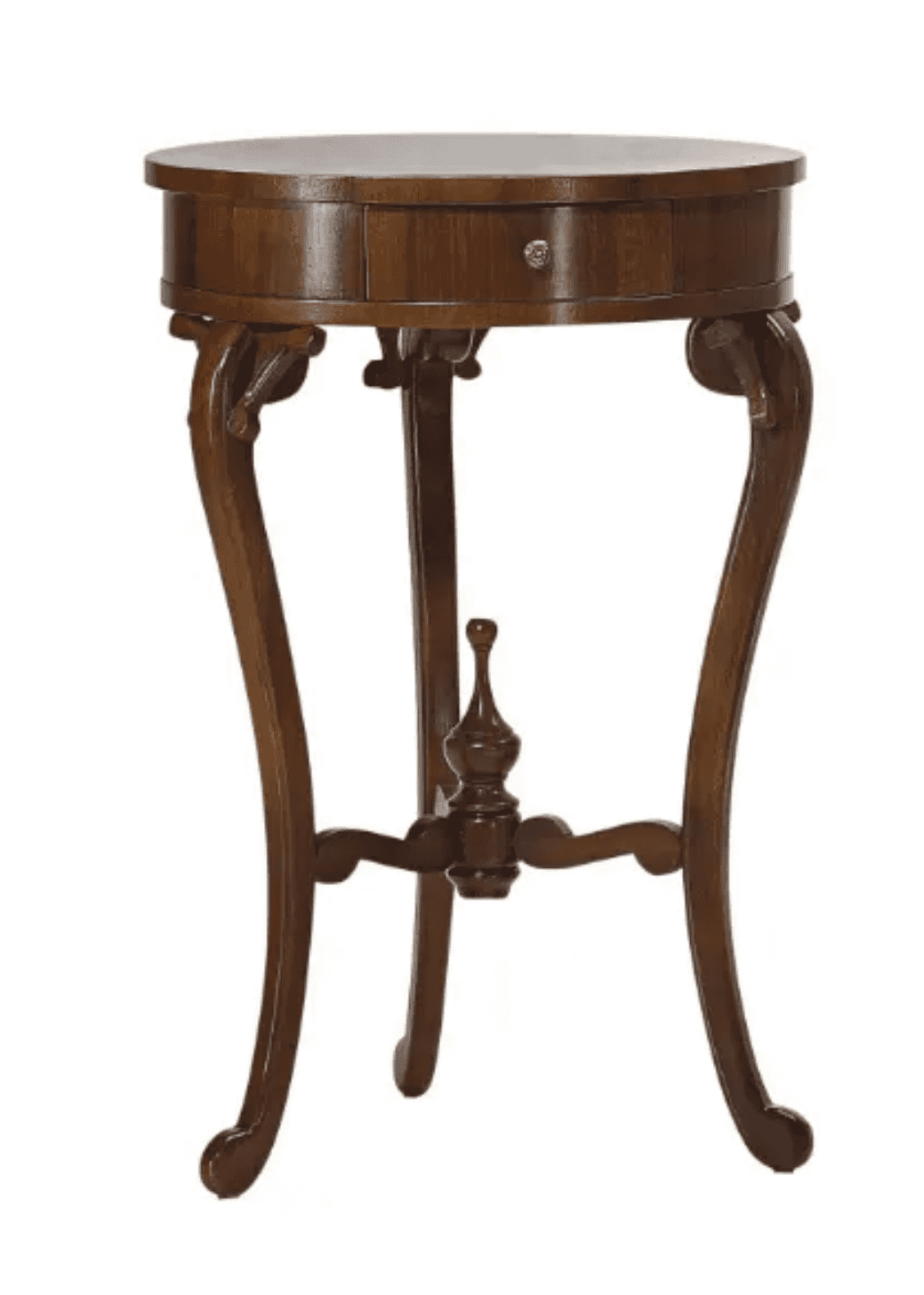 A small, round-topped end table with a single drawer, supported by three curved legs. The legs are j… — 3D model