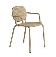 A modern, outdoor-style chair with a perforated seat and backrest. The chair features a lightweight metal frame with four slender legs, a rounded back, and armrests. The design is minimalist and functional, suitable for patio or garden use. — 3D model