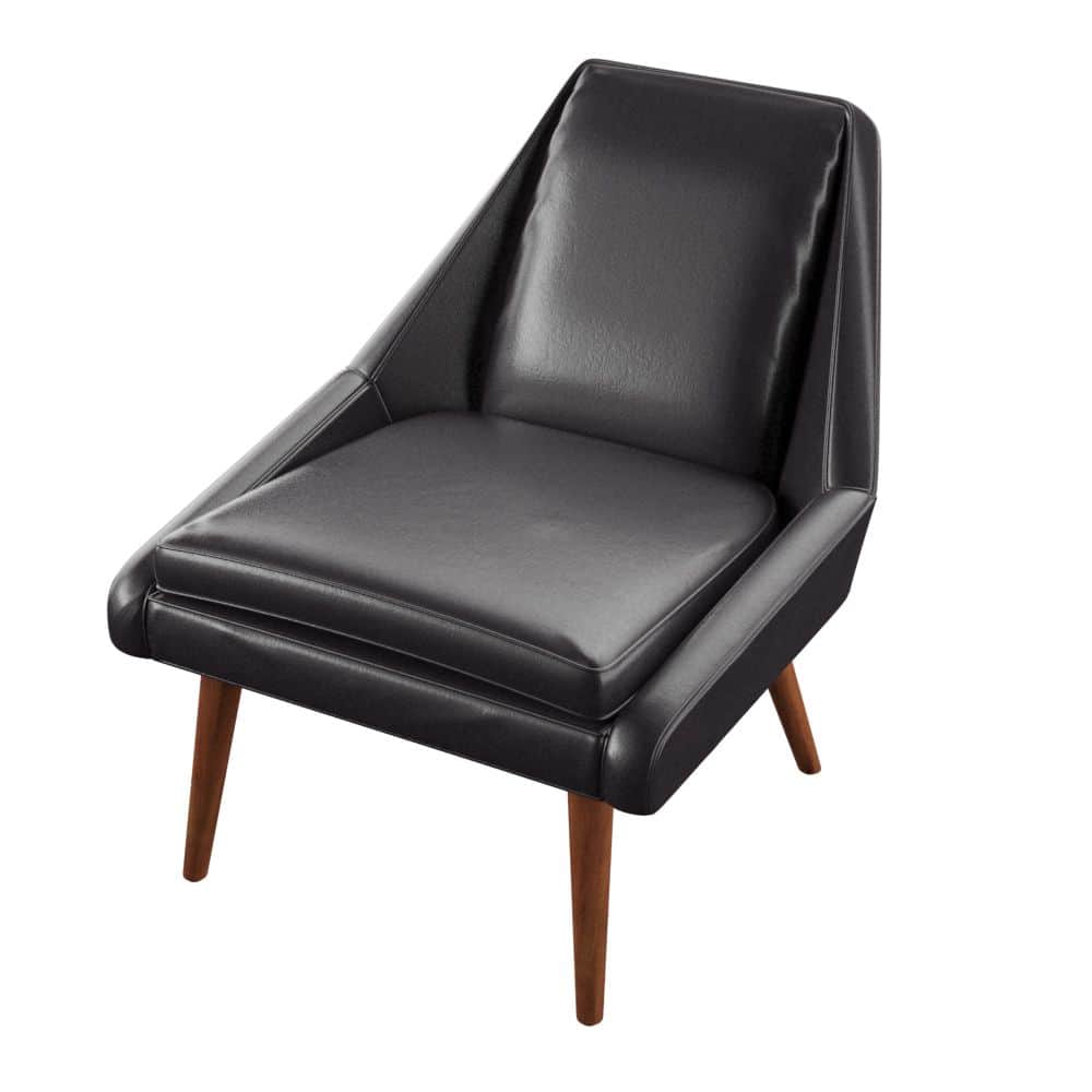 A stylish mid-century modern lounge chair upholstered in black leather with splayed wooden legs. — 3D model