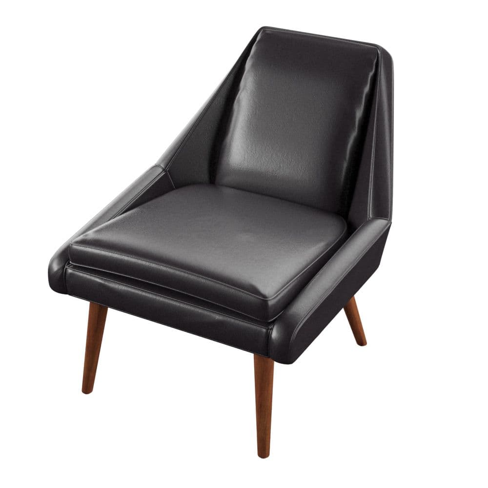 A stylish mid-century modern lounge chair upholstered in black leather with splayed wooden legs. — 3D model