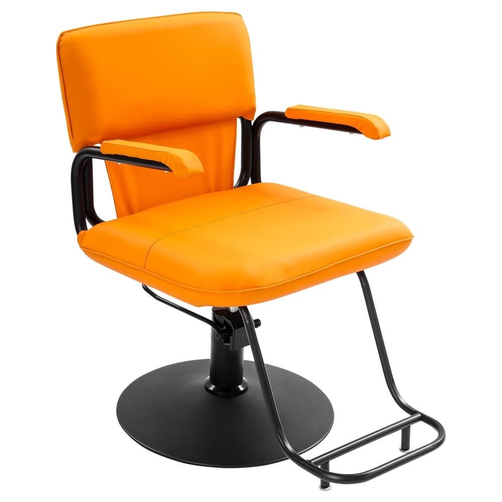 An orange barber chair with a black metal base and armrests. The chair features a hydraulic lift mechanism for height adjustment and a footrest. The seat and backrest are upholstered. — 3D model