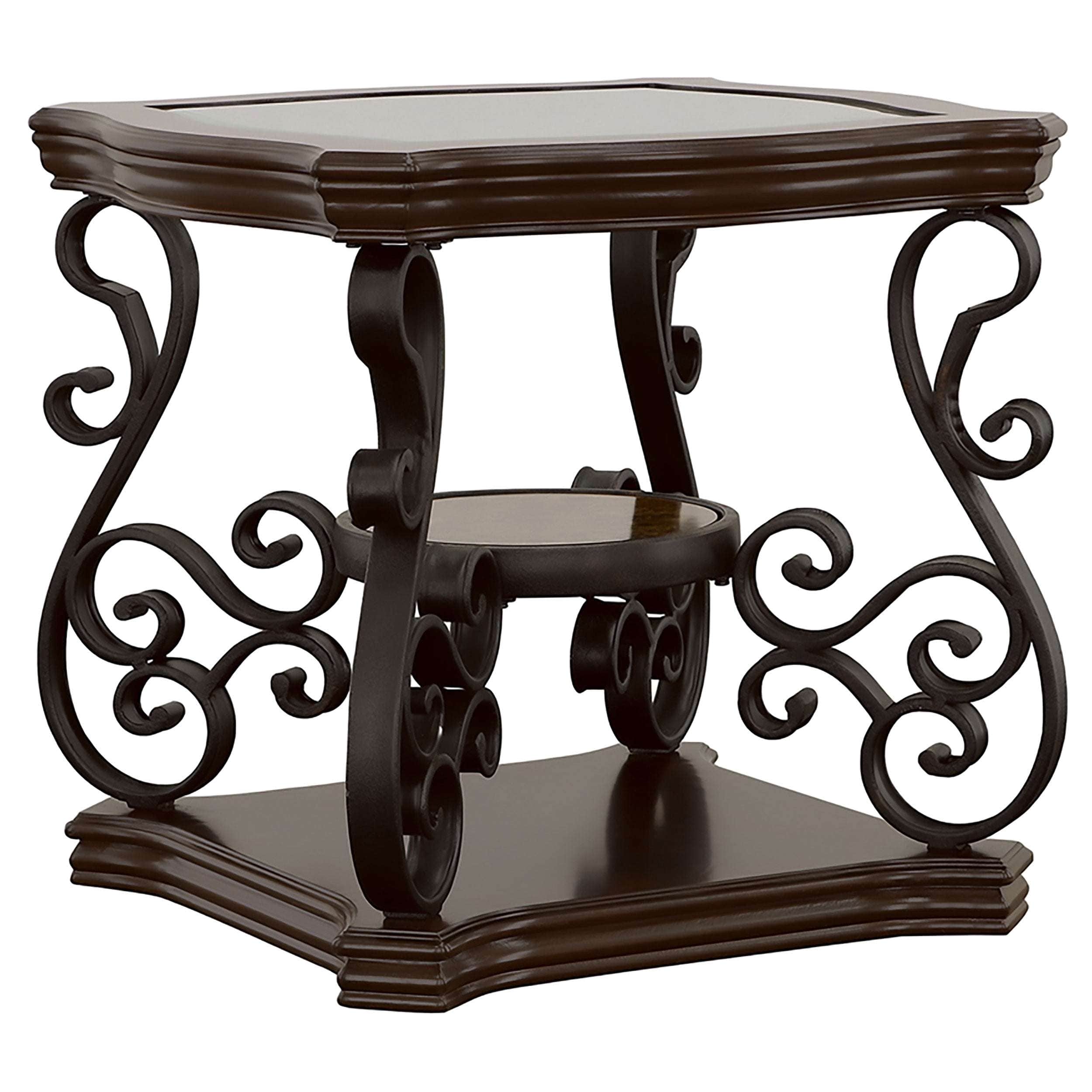 A traditional two-tier accent table featuring a dark wood frame, ornate scrolled metal legs, and a c… — 3D model