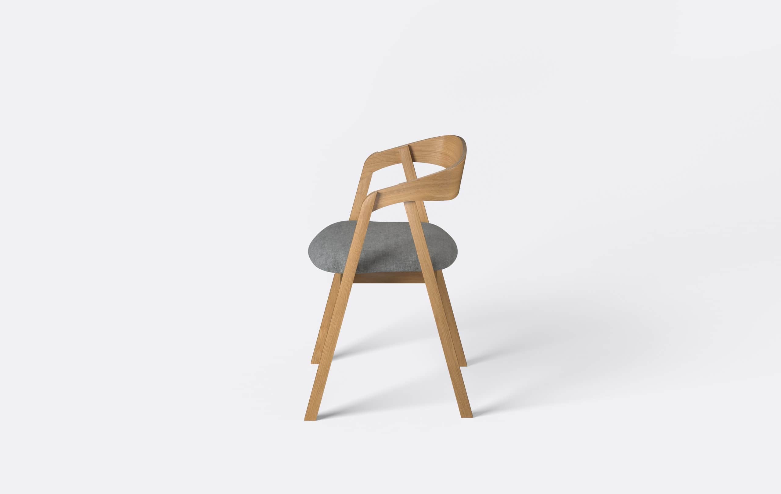 A modern dining armchair featuring a light-toned wooden frame and a grey upholstered seat. The backr… — 3D model