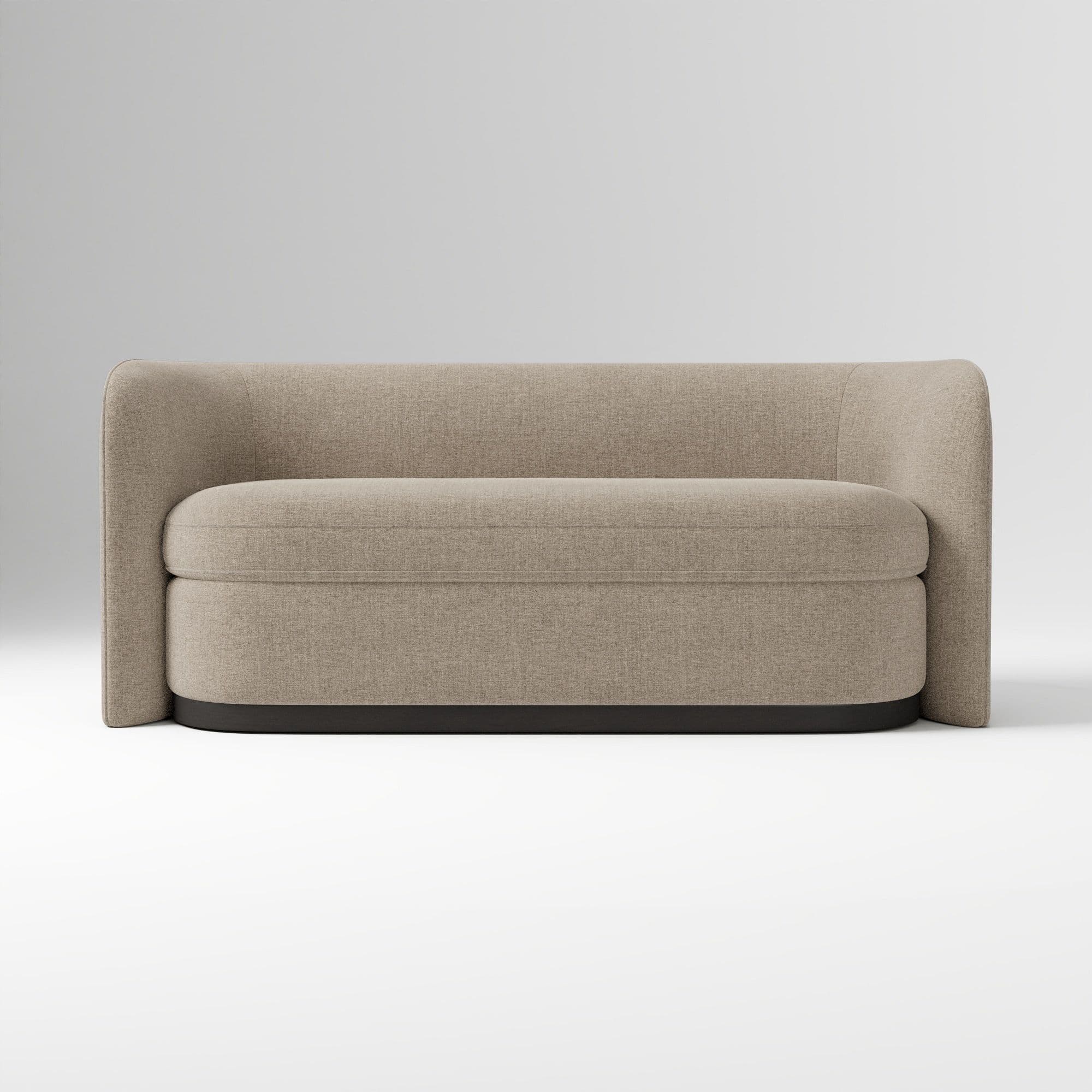 A modern, upholstered two-seater sofa (loveseat) with a rounded, continuous profile, integrated arms, and a low backrest. It features a single, thick seat cushion and a dark, recessed base. The upholstery is a light beige or natural-toned textured fabric. — 3D model