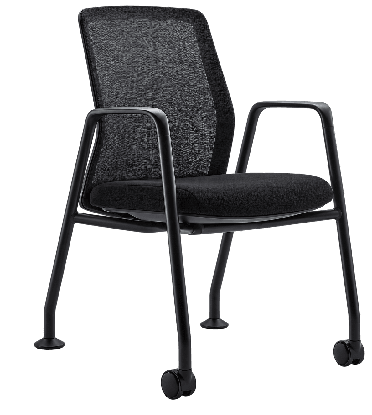 A contemporary black chair featuring a breathable mesh backrest, an upholstered fabric seat, integrated armrests, and a black metal frame. Its leg design includes two front legs with glides and two rear legs with casters for mobility. — 3D model