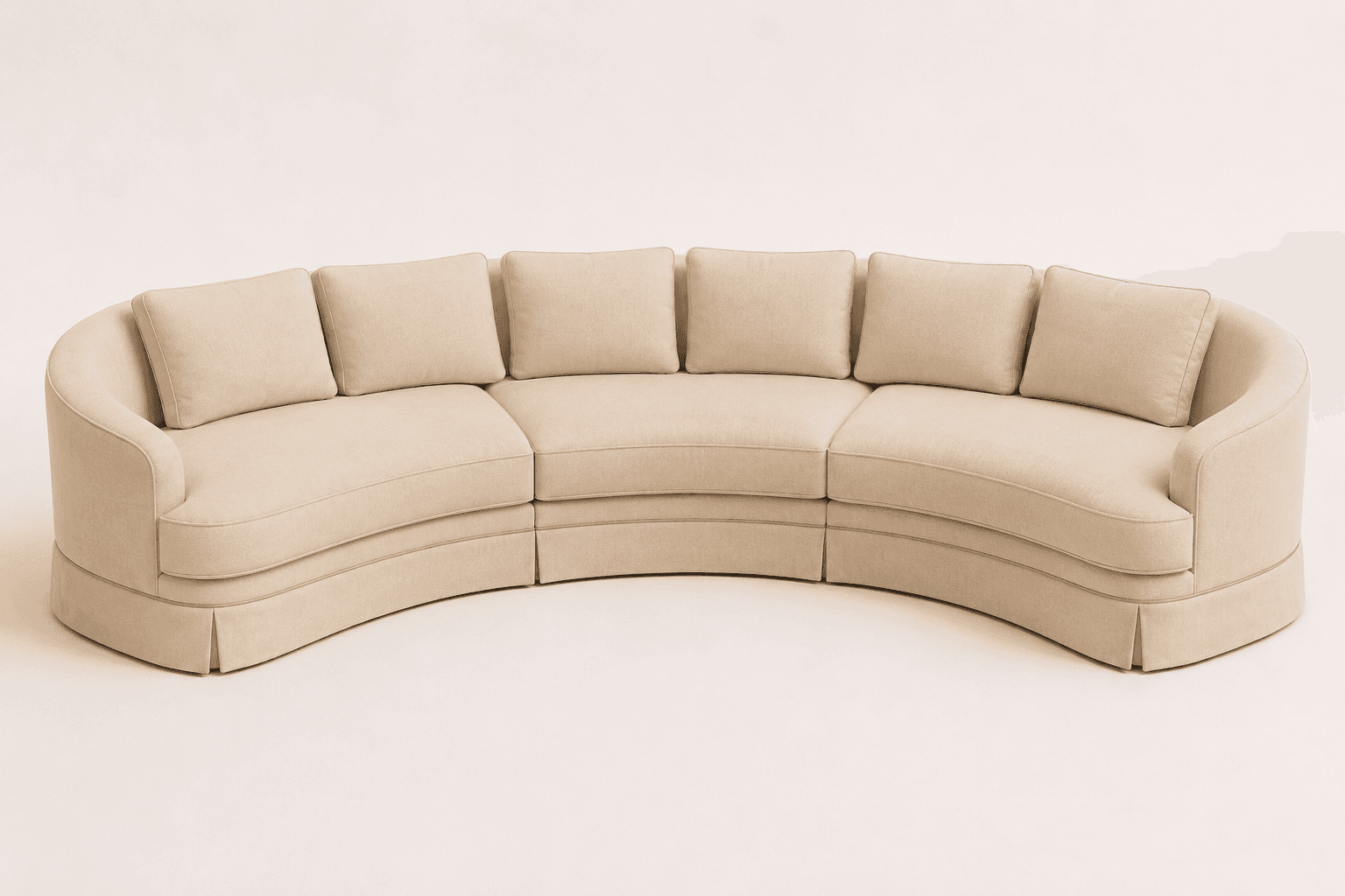 A large, multi-sectional curved sofa upholstered in a light beige fabric, featuring a continuous skirted base with a subtle grey piping detail. It has soft, rounded armrests and separate seat and back cushions, creating a semi-circular seating arrangement. — 3D model