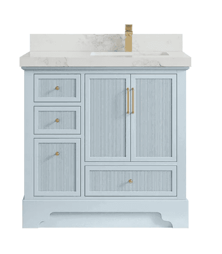 A light blue bathroom vanity with a white marble countertop and an integrated white ceramic sink. It… — 3D model