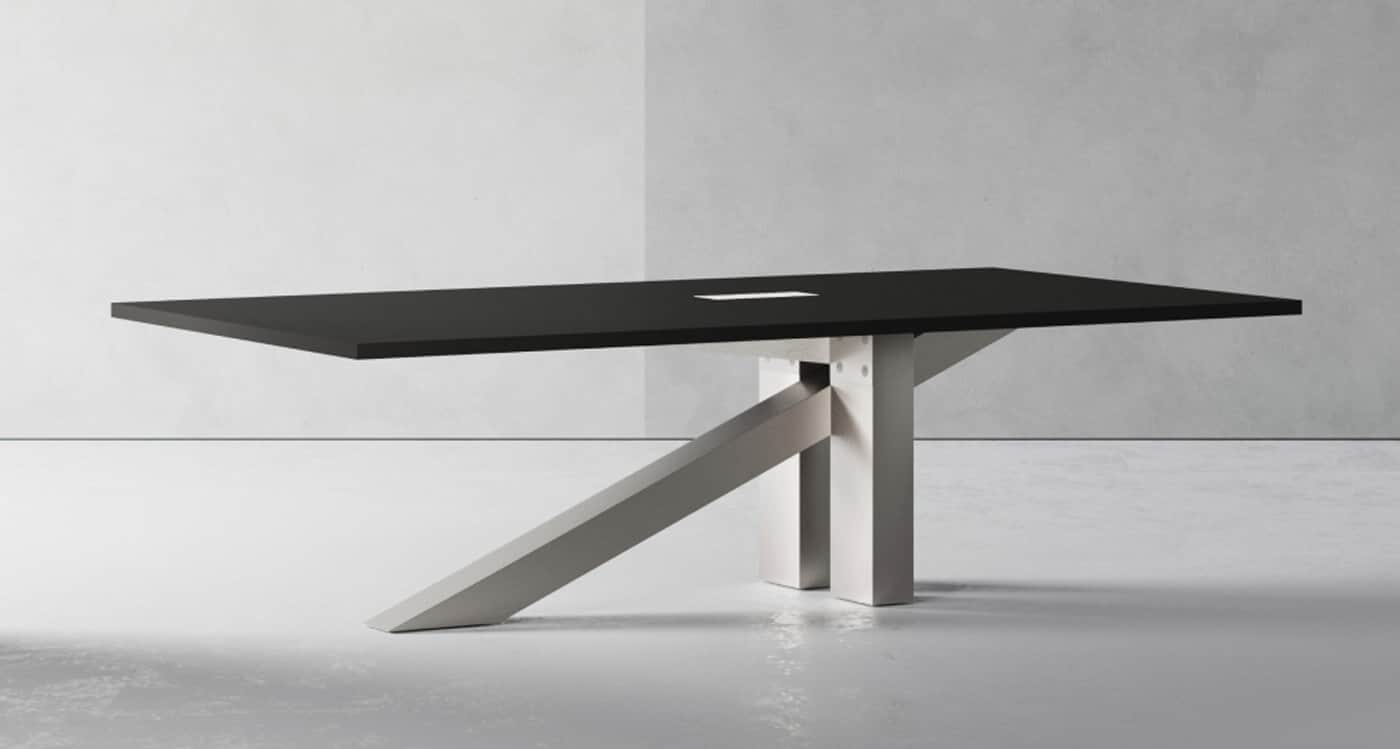 A long, rectangular table featuring a dark, matte black tabletop and a distinctive light-colored geo… — 3D model