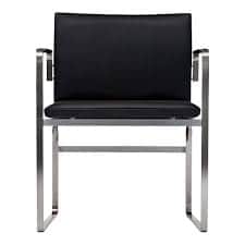 A contemporary dining armchair featuring a polished chrome open frame and black upholstered seat and… — free GLB 3D model