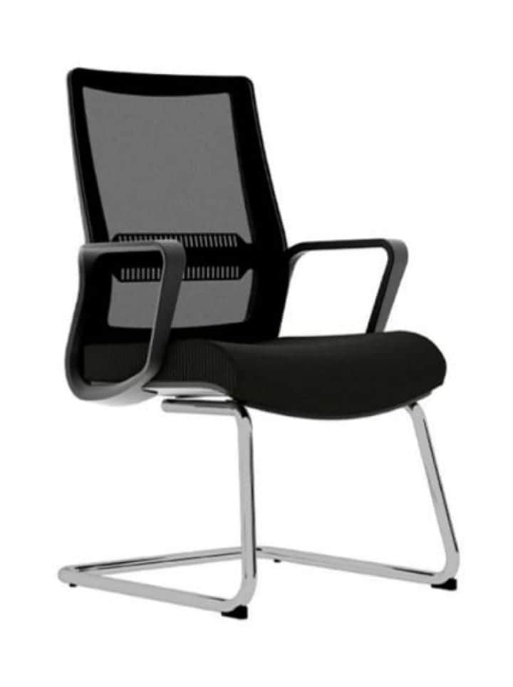 A contemporary black office chair with a breathable mesh back, upholstered fabric seat, and a polish… — free BLEND 3D model