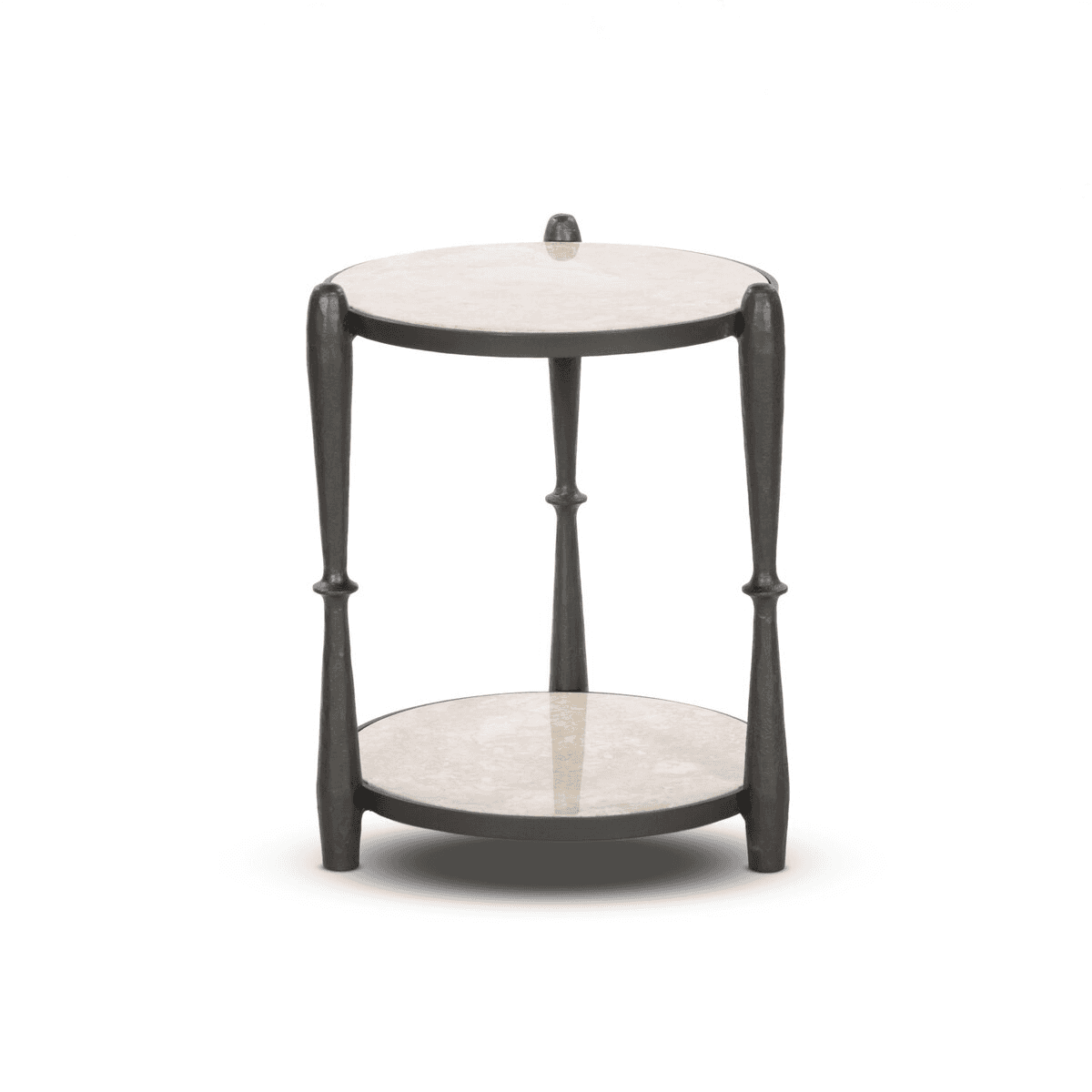 A round, two-tiered end table with a dark metal frame and light-colored, possibly marble or granite,… — free STL 3D model