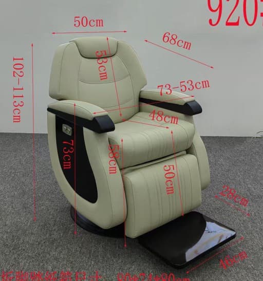A modern reclining massage chair featuring a heavily padded, upholstered body in a light beige or cream color. The chair has prominent black accents on the armrests and side panels, which house integrated control buttons. It includes a multi-sectional backrest, a plush headrest, and an extendable footrest that emerges from the base of the seat. The chair rests on a circular, low-profile black base, suggesting a stable and possibly swiveling mechanism. The overall design emphasizes ergonomic comfort and technological integration for relaxation. — 3D model