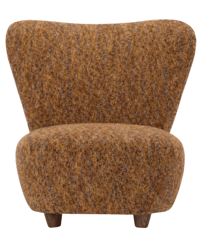 A small, upholstered armchair with a curved back and a rounded seat. It is supported by four short, tapered wooden legs. The upholstery has a textured appearance with a mix of brown, yellow, and purple fibers. — 3D model