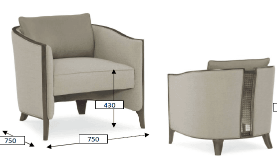 A contemporary upholstered armchair with a distinct curved barrel-back design and exposed dark wood… — 3D model