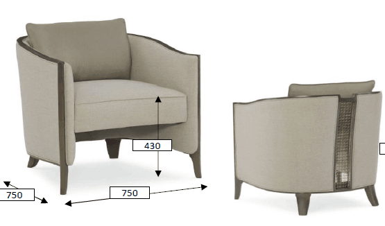 A contemporary upholstered armchair with a distinct curved barrel-back design and exposed dark wood trim. — 3D model