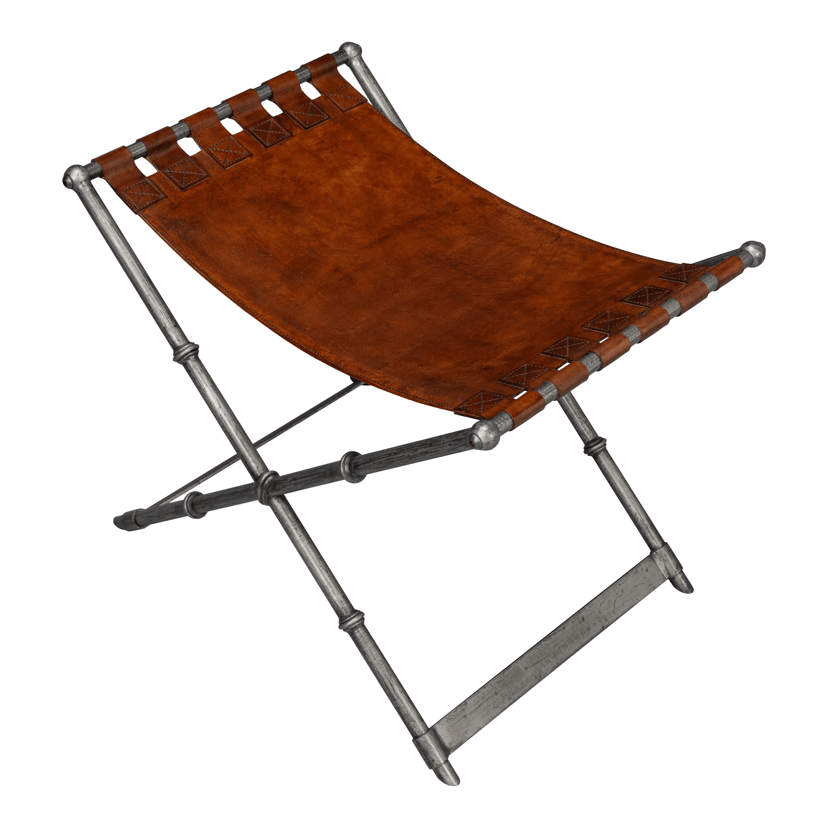 A folding stool featuring an X-shaped metal frame and a sling seat crafted from brown leather. The metal frame displays an aged, silver-toned finish with subtle decorative turnings. The leather seat is secured to the frame with leather straps and visible cross-stitching. — 3D model