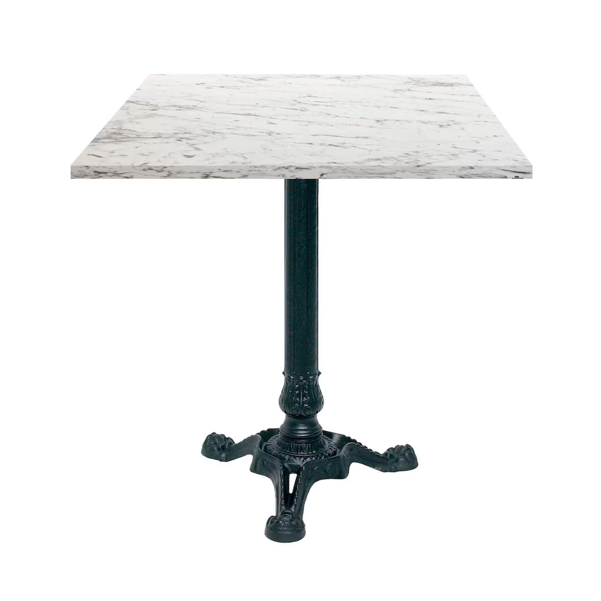 A square-top table with a marble-patterned surface and a decorative cast iron pedestal base. — free GLTF 3D model