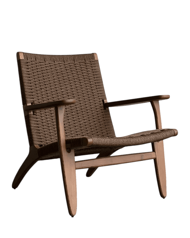 A contemporary armchair with a woven seat and backrest, supported by a wooden frame. The chair featu… — 3D model