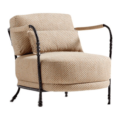 A comfortable armchair with a metal frame and upholstered cushions. The upholstery features a small, checkered pattern in beige and white. It has rounded arms that transition into decorative, twisted metal supports extending to the legs. A separate rectangular cushion is placed on the backrest. The legs are slender and also made of black metal, with decorative elements near the feet. — 3D model
