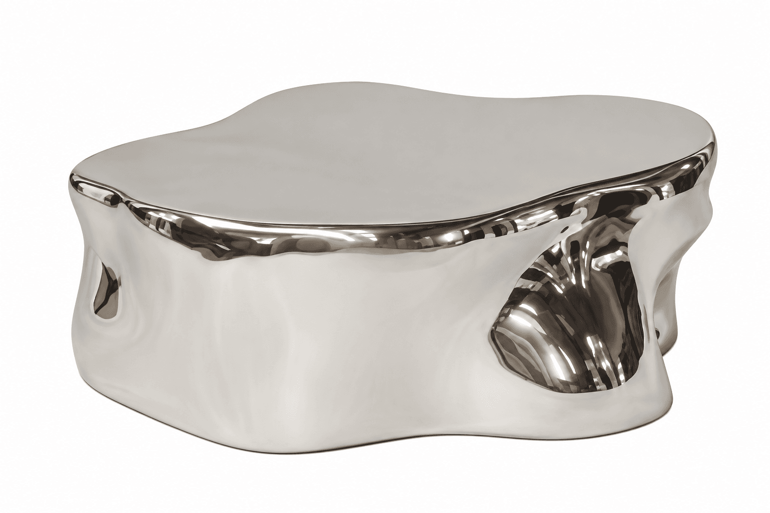 A low-profile, irregularly shaped coffee table with an organic, fluid form and a highly polished, reflective metallic finish. The design mimics molten metal or a naturally eroded stone, rendered in a sleek, contemporary material. — 3D model