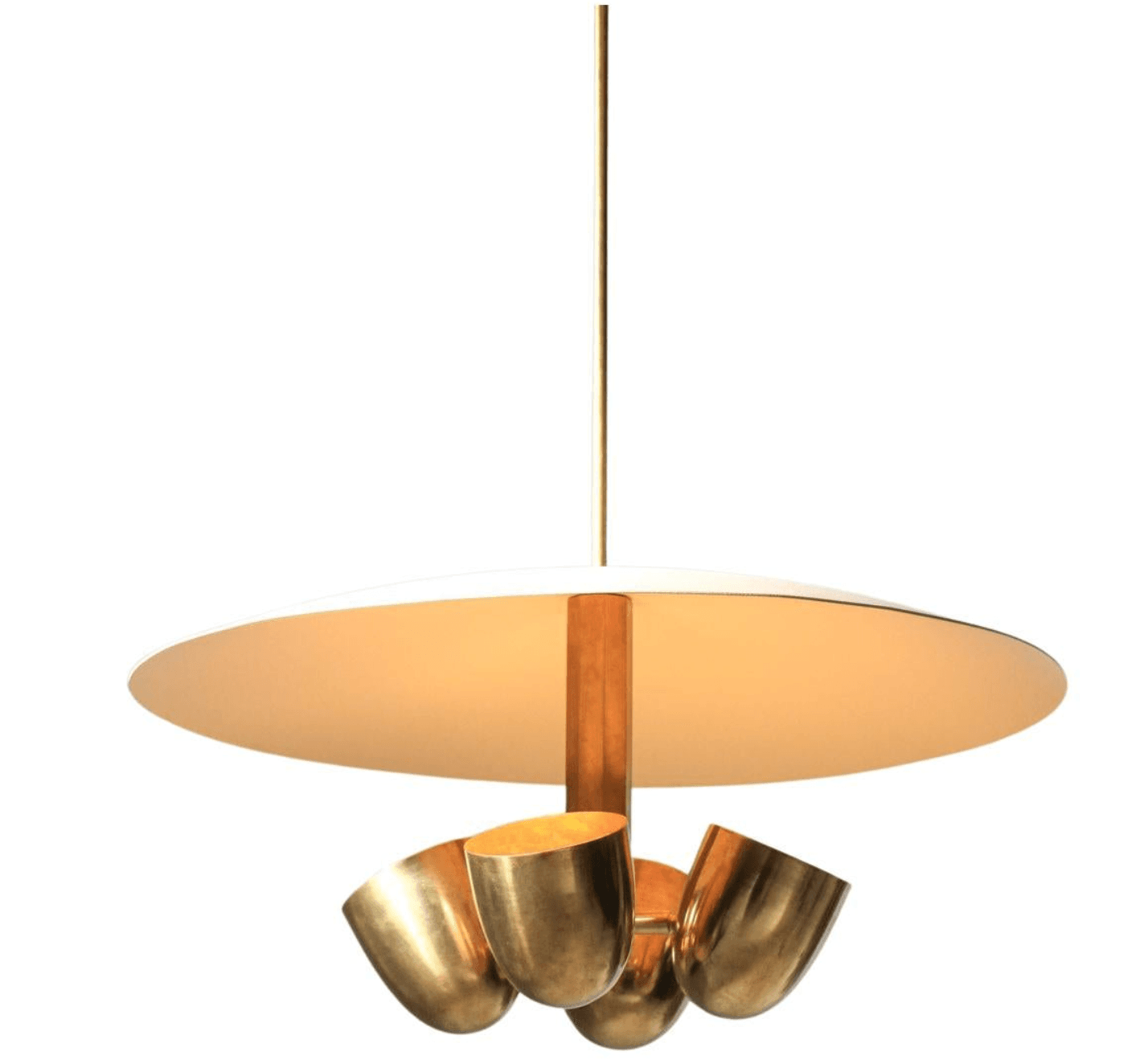 A contemporary chandelier featuring a large, flat, disc-shaped shade in a white finish. Suspended from the center is a vertical brass rod. Beneath the disc, a central brass column supports a cluster of four downward-facing, cup-shaped lighting elements, also in a brass finish. The design combines geometric forms with metallic accents. — 3D model