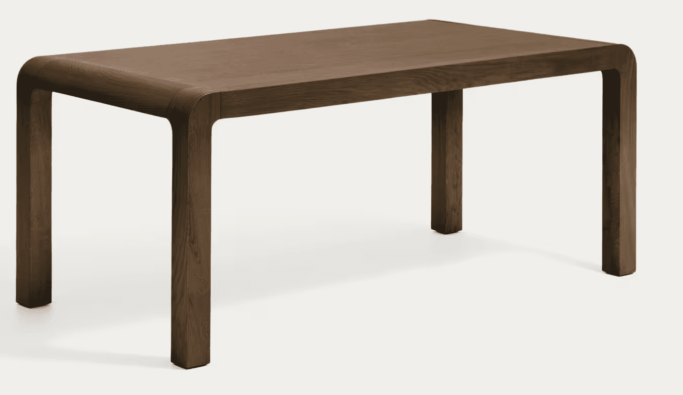 A dark brown wooden rectangular table featuring a minimalist and contemporary design with thick, rou… — 3D model