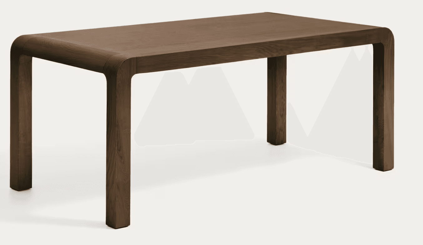 A dark brown wooden rectangular table featuring a minimalist and contemporary design with thick, rounded edges that seamlessly flow into the square legs. — 3D model