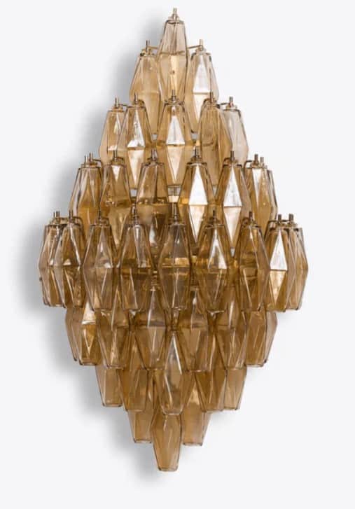 A tiered chandelier with numerous faceted, elongated diamond-shaped glass elements. The glass appear… — free STL 3D model