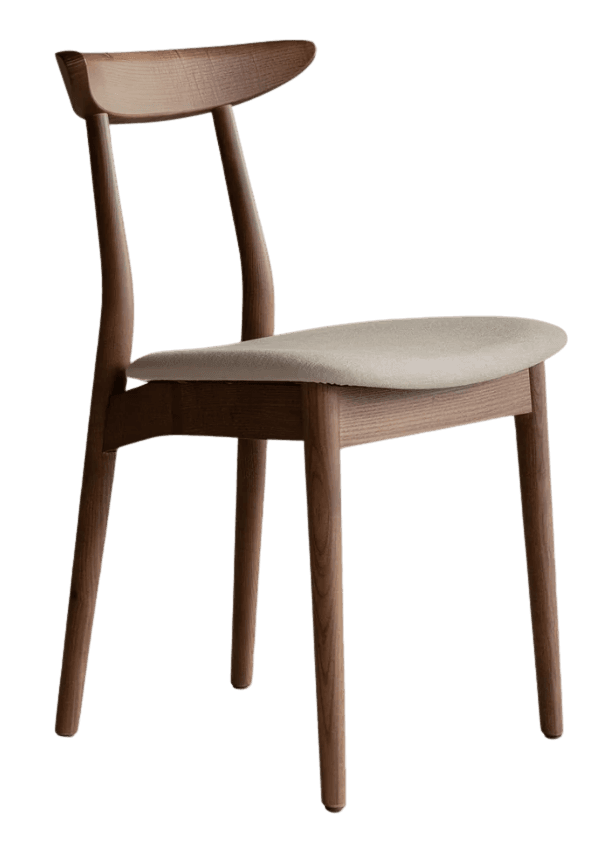 A wooden chair with a gently curved backrest and a fabric-upholstered seat. The chair features four tapered legs and a visible wood grain. — 3D model