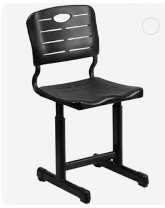 An adjustable height, armless utility chair featuring a molded black plastic seat and backrest, mounted on a black metal sled base. The backrest is slotted for ventilation and includes a handle cutout. The height adjustment mechanism is visible along the central support. — 3D model