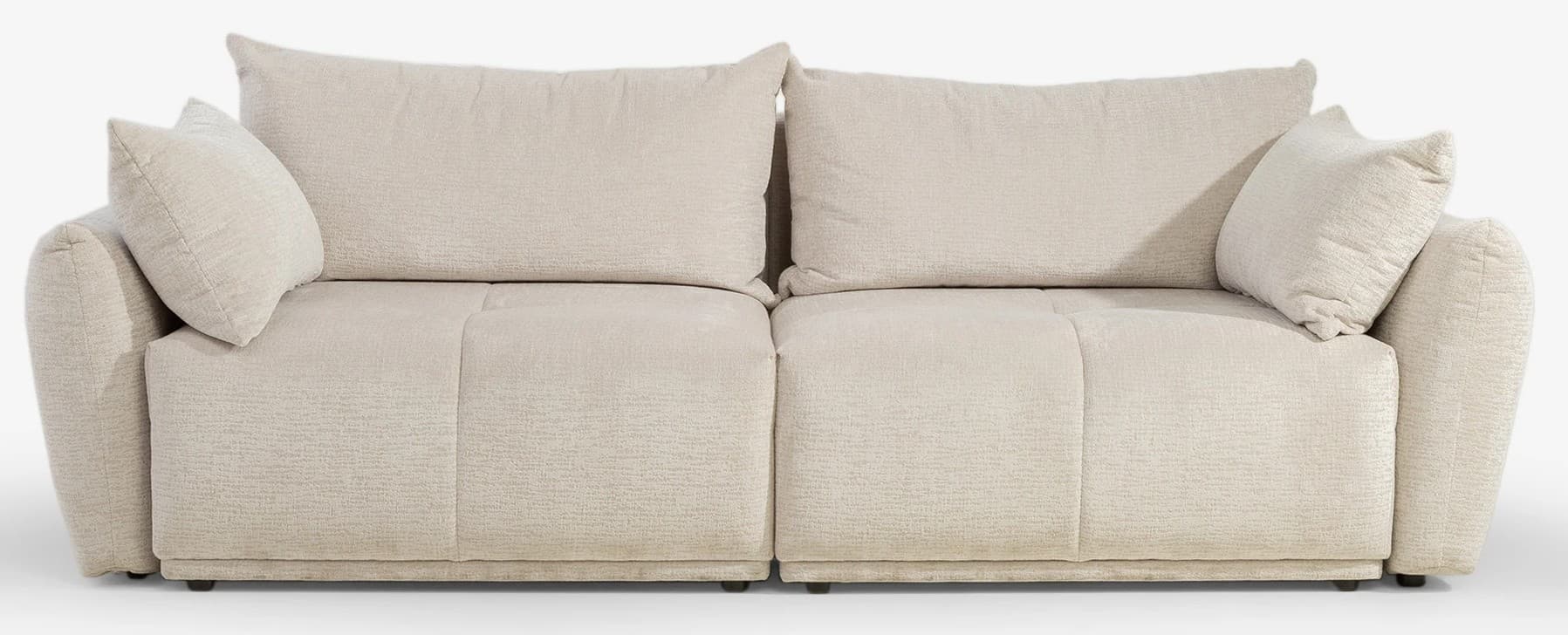 A modular sofa with a plush, textured fabric upholstery. It features deep seating, generously sized back cushions, and two accent throw pillows. The armrests have a rounded, organic shape, and the base is low-profile with discreet feet. The sofa appears to be constructed from multiple sections that can be rearranged. — 3D model
