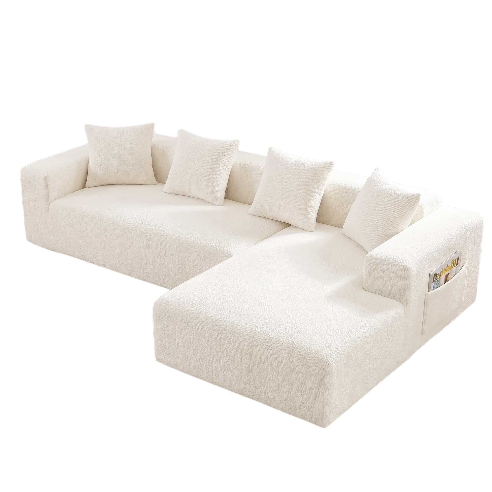 A modern, cream-colored sectional sofa featuring a chaise lounge component and an integrated storage pocket on one armrest. The sofa is upholstered in a textured fabric, likely boucle, providing a soft and inviting appearance. It has a low-profile, modular design with clean lines and includes several loose back cushions of the same material. — 3D model