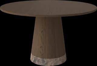 A modern round dining table featuring a substantial, tapered pedestal base. The tabletop and the main body of the pedestal are finished in a dark wood grain, while the bottom section of the base is adorned with a lighter, mottled stone or marble material. — 3D model