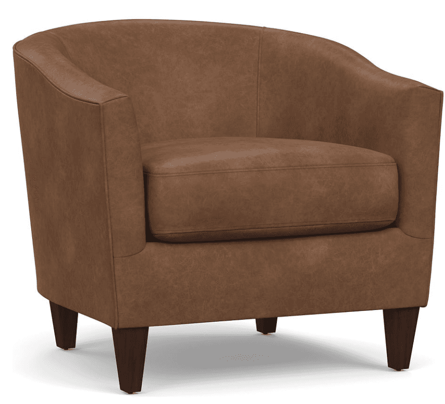 A contemporary tub-style armchair upholstered in a rich, warm brown leather. It features a rounded b… — free OBJ 3D model