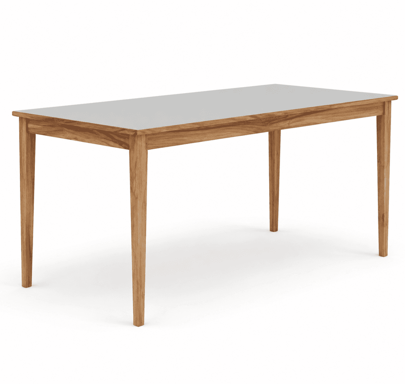 A modern rectangular dining table featuring a smooth light gray tabletop, supported by a natural woo… — 3D model