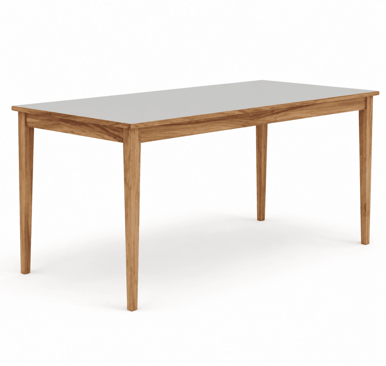 A modern rectangular dining table featuring a smooth light gray tabletop, supported by a natural wood frame and four elegantly tapered wooden legs. Its design is clean and minimalist. — 3D model