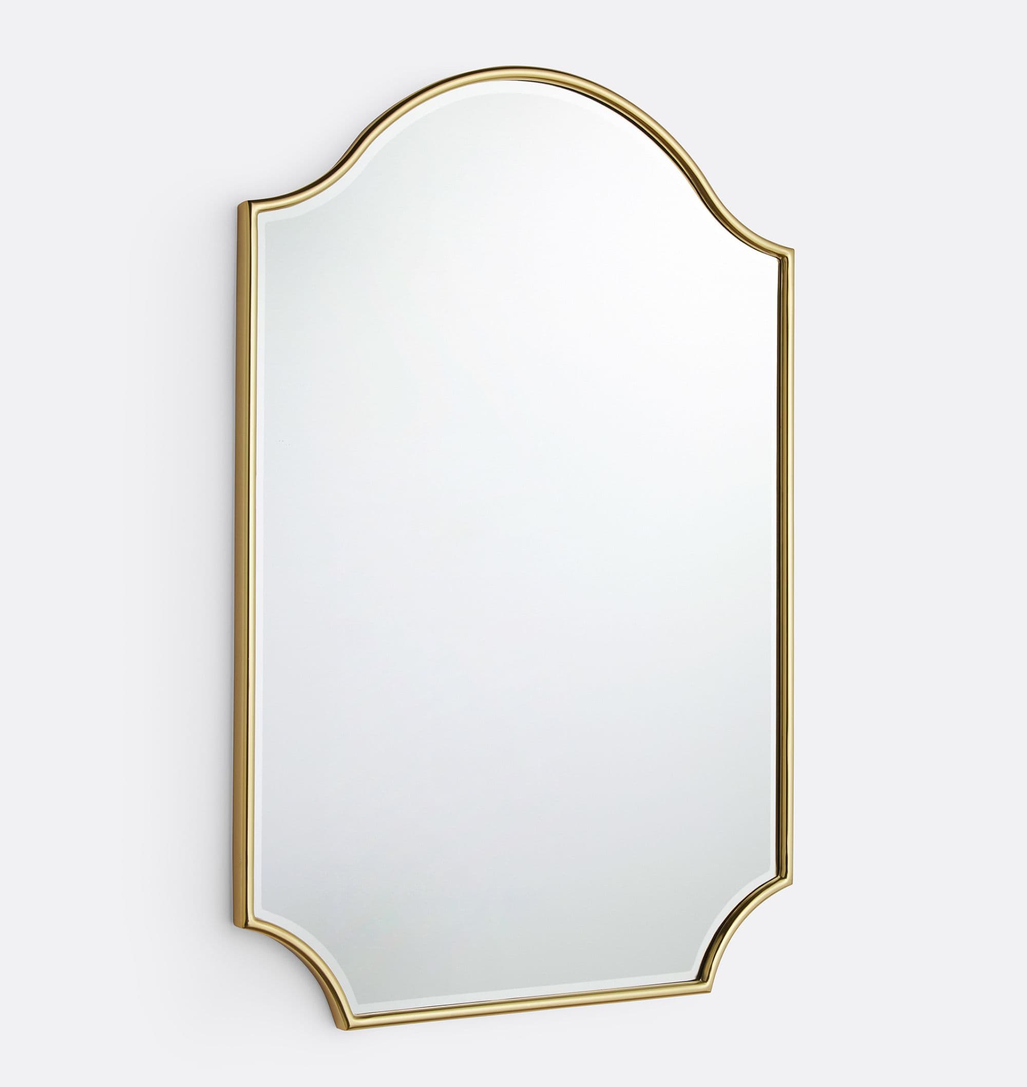 A rectangular wall mirror with an arched top and subtly scalloped lower corners, encased in a slim, polished gold metal frame. The mirror features a clear reflective surface and is designed for vertical wall mounting. Its elegant silhouette suggests a transitional or classic aesthetic. — 3D model