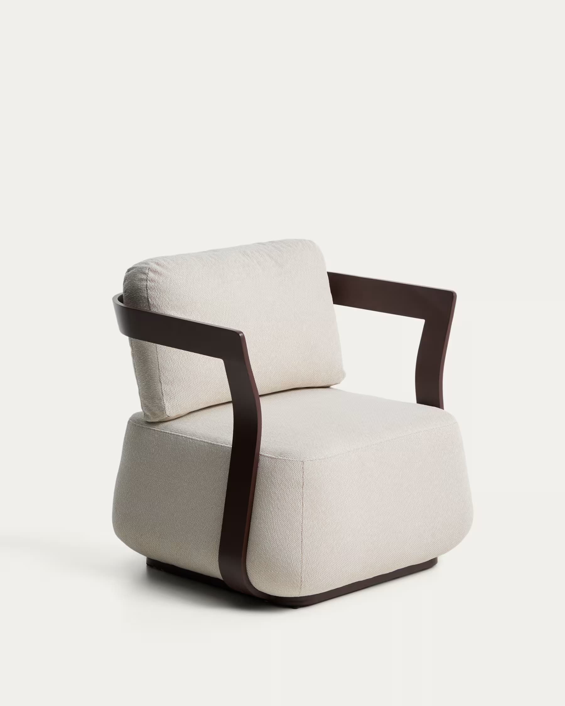 A modern armchair featuring a rounded, upholstered base and seat cushion in a light textured fabric. The armchair is distinguished by its curved, dark wood armrests that sweep upwards from the base to support the back. The overall design is minimalist and contemporary. — 3D model