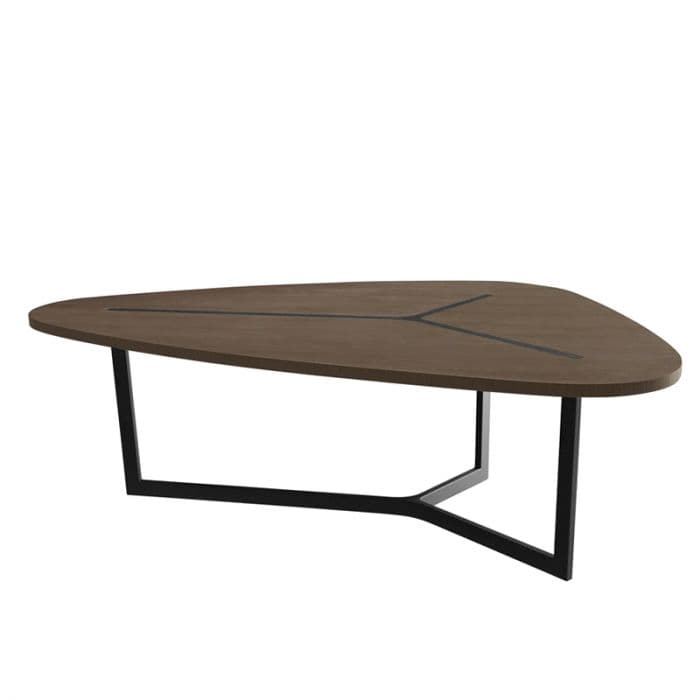 A contemporary coffee table with a unique, asymmetrical triangular top. The tabletop has a wood grain finish and is accented with three thin, dark inlays that converge at the center. It is supported by a minimalist, angular black metal base. — 3D model