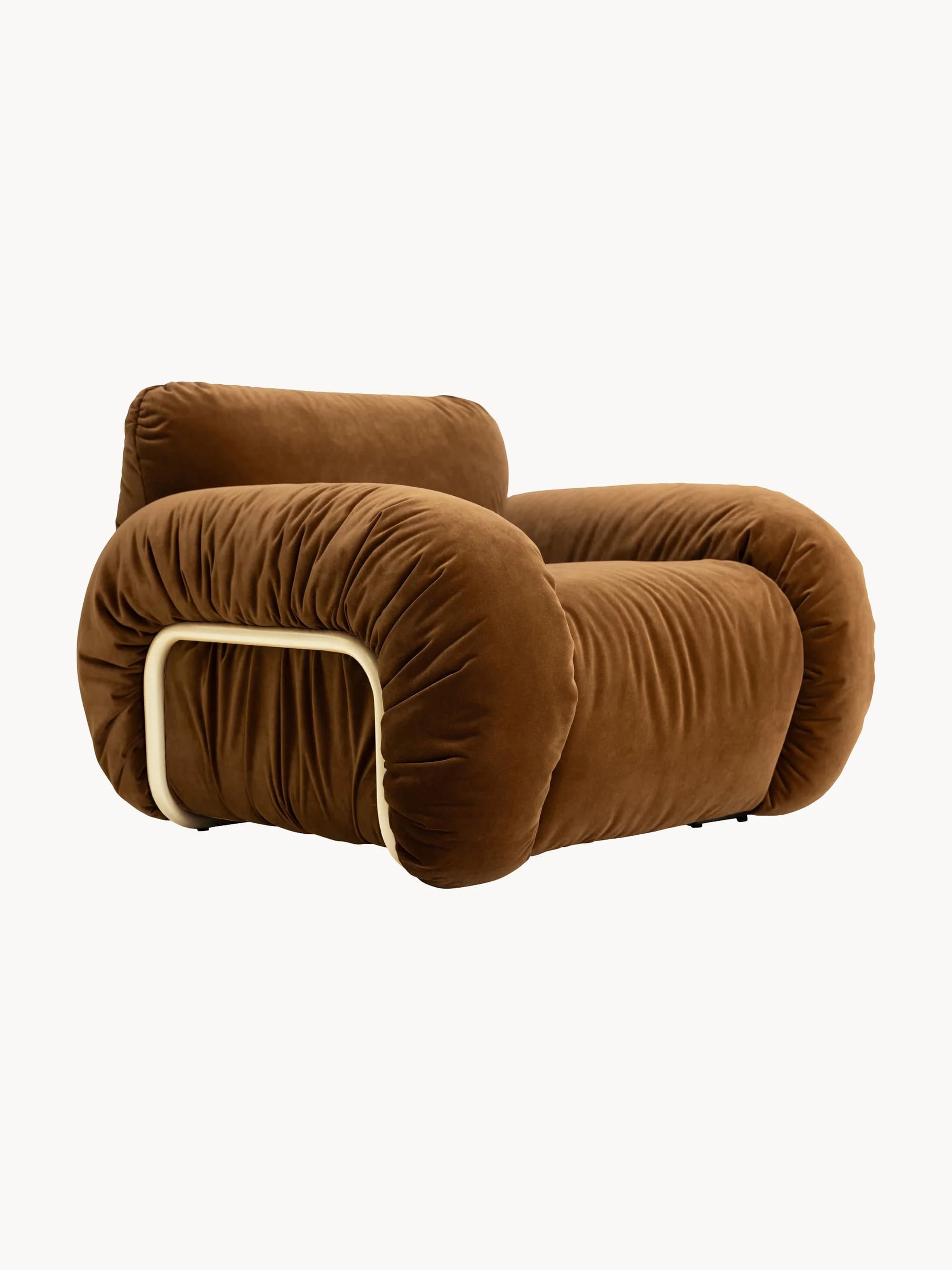 A brown velvet armchair with a rounded, overstuffed silhouette and a visible cream-colored tubular metal frame. The upholstery features deep tufting and ruching, creating a plush and voluminous appearance. The frame provides structural support and a distinctive visual element. — 3D model