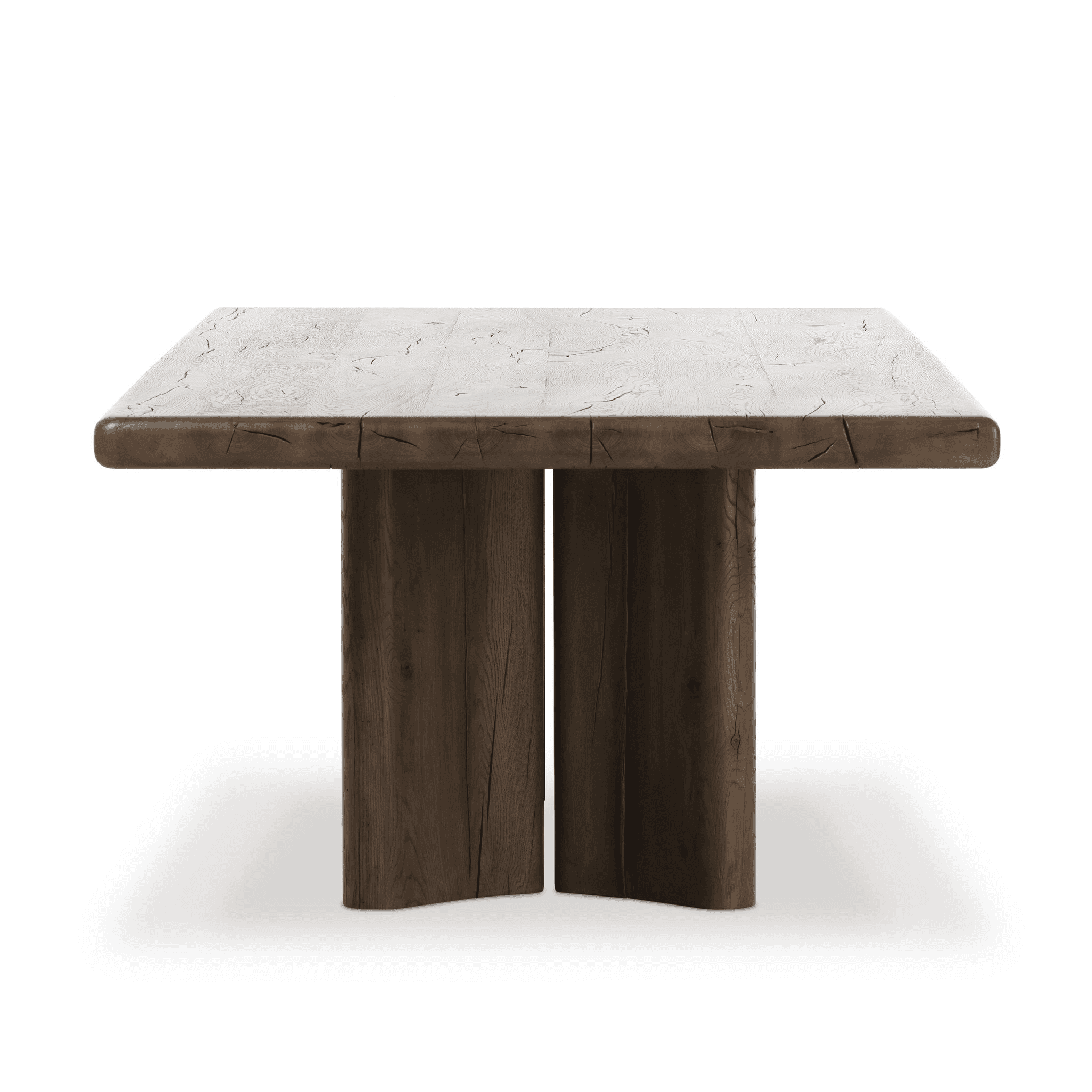 A rectangular dining table with a thick, solid wood top featuring a light, weathered finish and pron… — free GLB 3D model